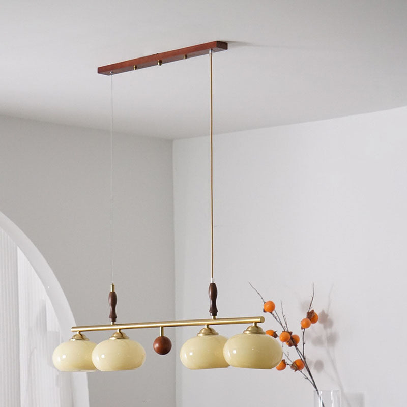 Lámpara de Araña de Madera Maciza Francesa Tradicional con Varilla de Hierro y Pantalla de Vidrio de Caqui de 3/4 Luces para Sala de Estar 