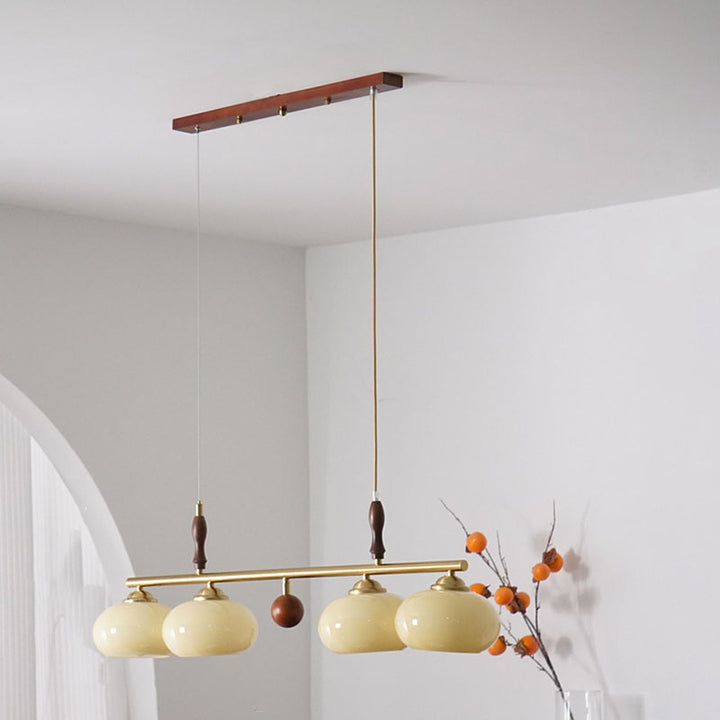 Lámpara de Araña de Madera Maciza Francesa Tradicional con Varilla de Hierro y Pantalla de Vidrio de Caqui de 3/4 Luces para Sala de Estar 