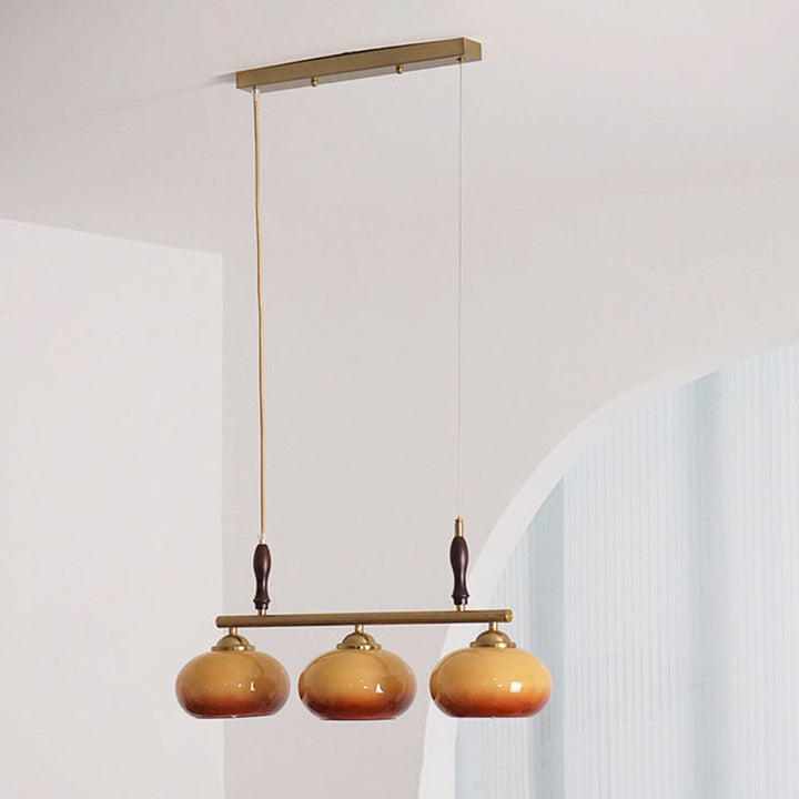 Lámpara de Araña de Madera Maciza Francesa Tradicional con Varilla de Hierro y Pantalla de Vidrio de Caqui de 3/4 Luces para Sala de Estar 