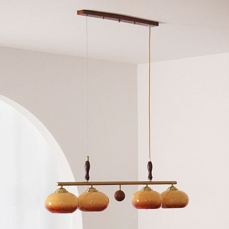 Lámpara de Araña de Madera Maciza Francesa Tradicional con Varilla de Hierro y Pantalla de Vidrio de Caqui de 3/4 Luces para Sala de Estar 