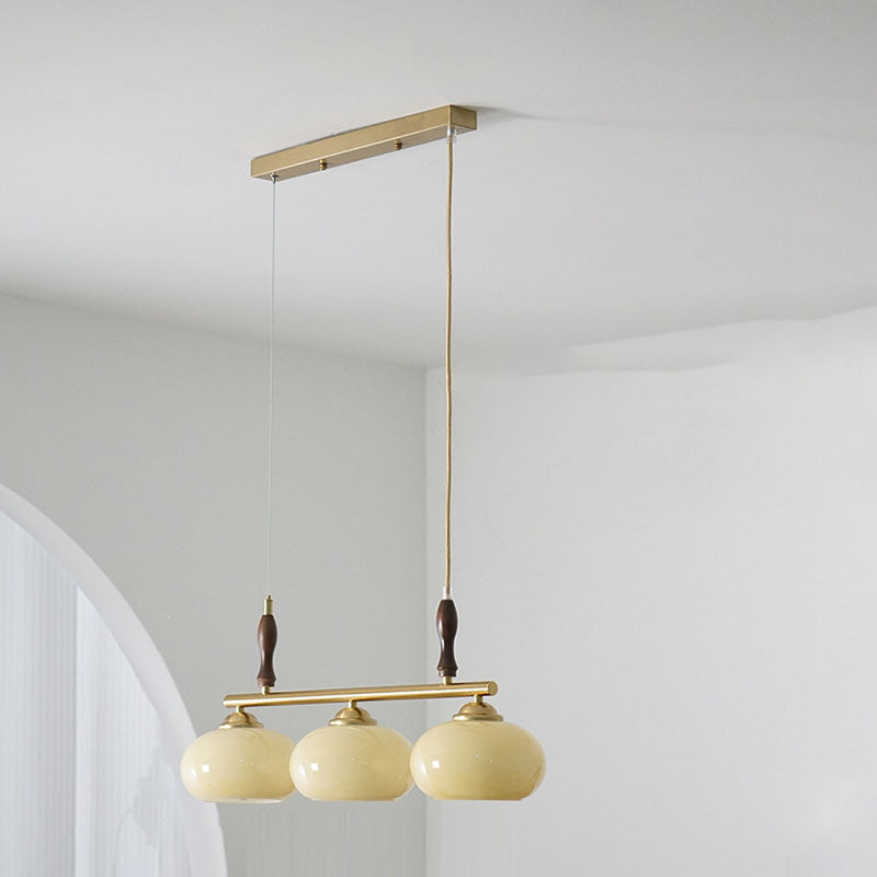 Lámpara de Araña de Madera Maciza Francesa Tradicional con Varilla de Hierro y Pantalla de Vidrio de Caqui de 3/4 Luces para Sala de Estar 