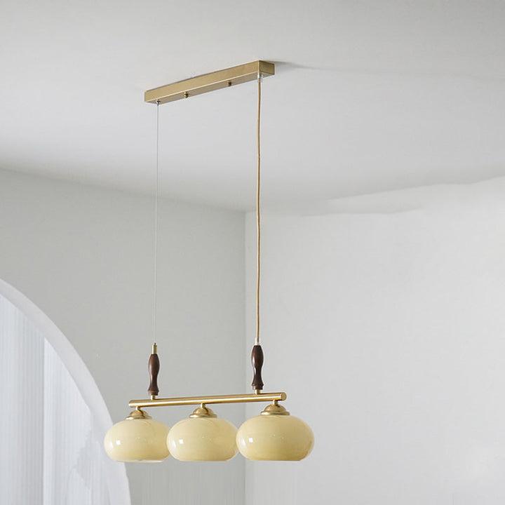 Lámpara de Araña de Madera Maciza Francesa Tradicional con Varilla de Hierro y Pantalla de Vidrio de Caqui de 3/4 Luces para Sala de Estar 