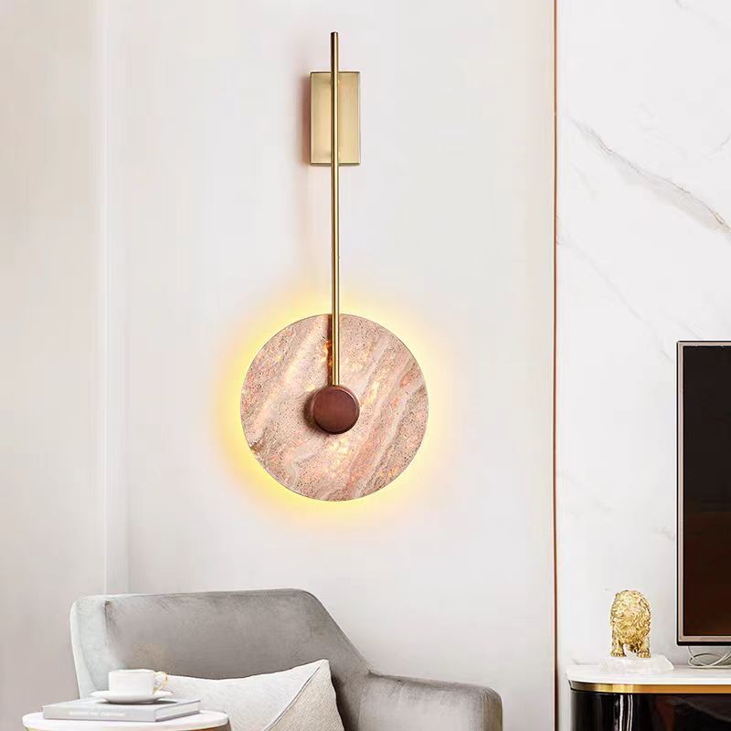 مصباح حائط LED من الحديد بتصميم دائرة هندسية يابانية تقليدية باللون الأصفر من الحجر الجيري لغرفة النوم 