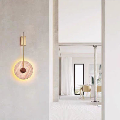 مصباح حائط LED من الحديد بتصميم دائرة هندسية يابانية تقليدية باللون الأصفر من الحجر الجيري لغرفة النوم 