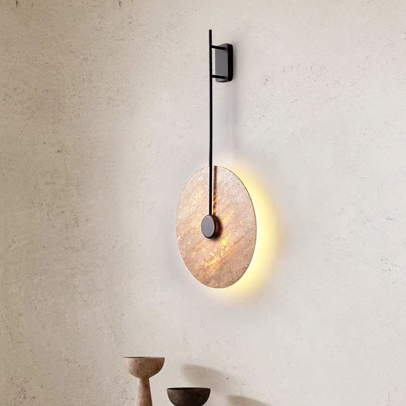 مصباح حائط LED من الحديد بتصميم دائرة هندسية يابانية تقليدية باللون الأصفر من الحجر الجيري لغرفة النوم 