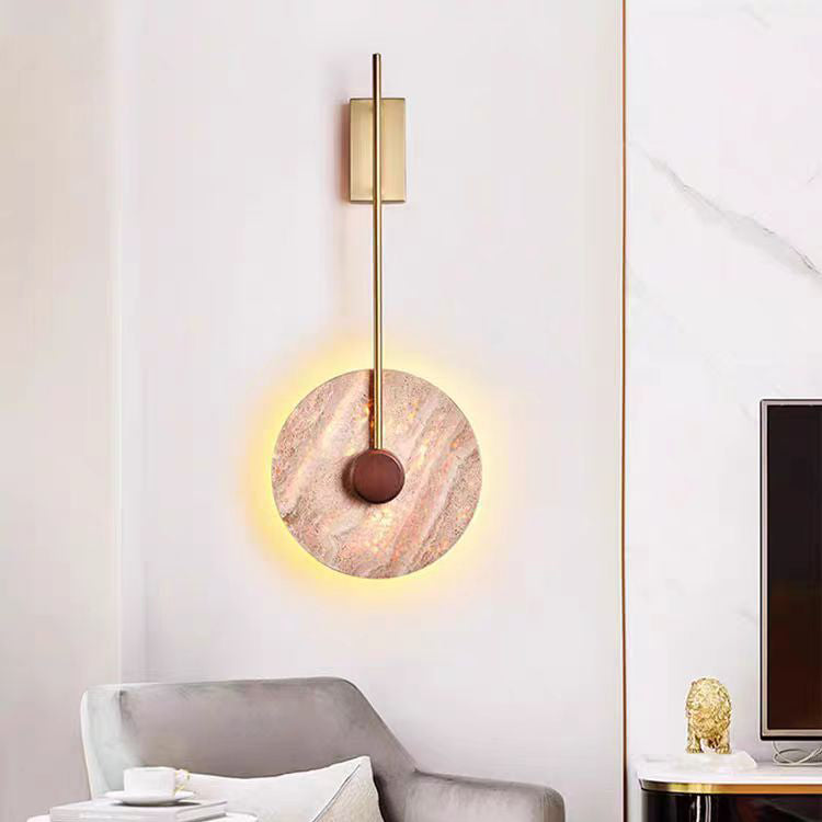 مصباح حائط LED من الحديد بتصميم دائرة هندسية يابانية تقليدية باللون الأصفر من الحجر الجيري لغرفة النوم 
