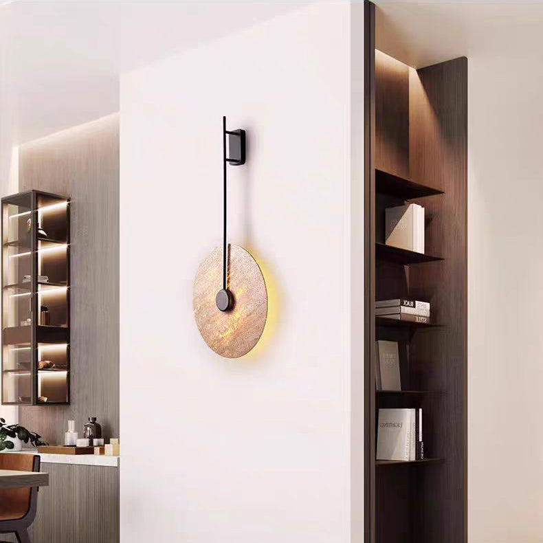 مصباح حائط LED من الحديد بتصميم دائرة هندسية يابانية تقليدية باللون الأصفر من الحجر الجيري لغرفة النوم 