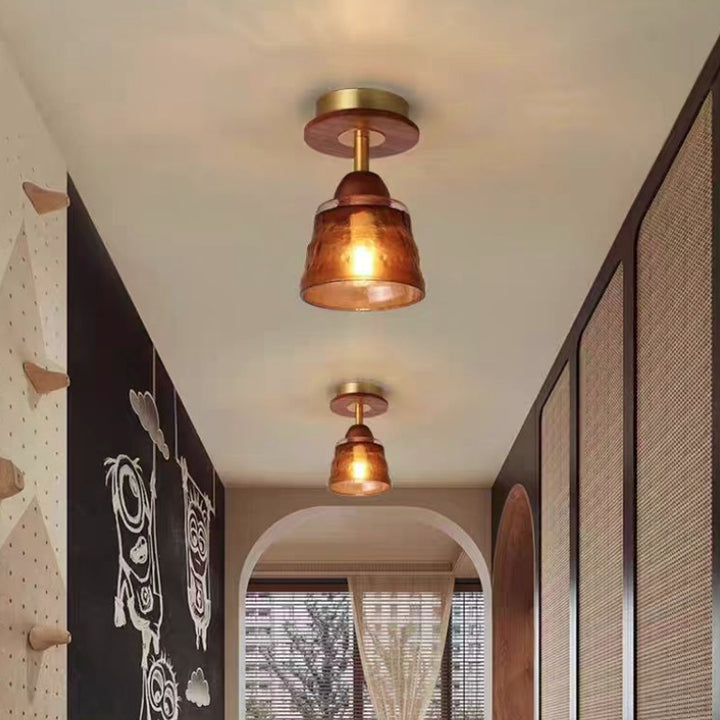 Abat-jour en verre rétro contemporain en bois massif 1 lumière semi-encastrée pour le plafond du salon 