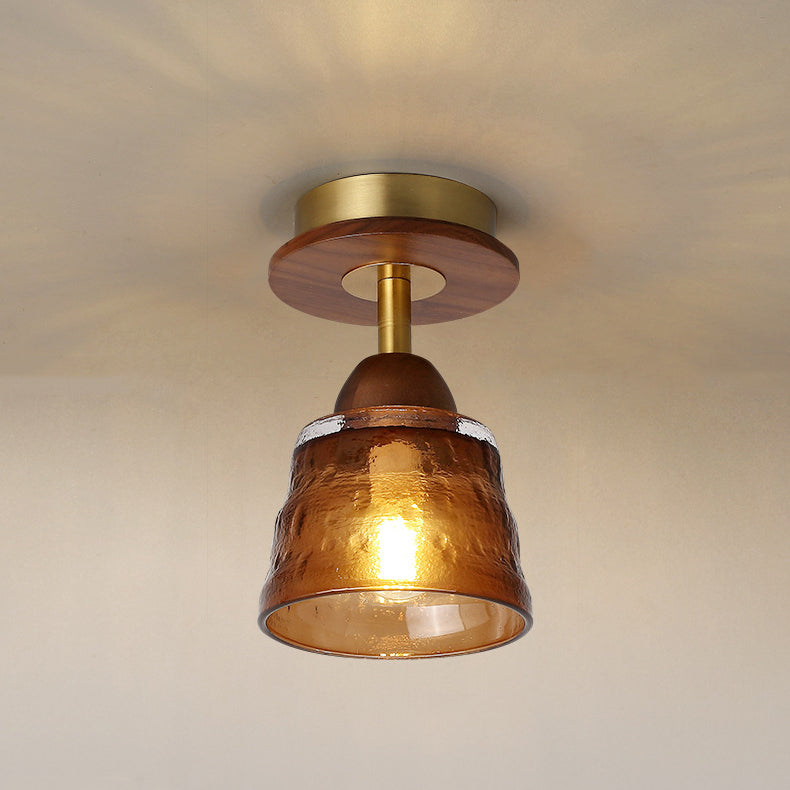 Pantalla de vidrio retro contemporánea de copa de vidrio, madera maciza, luz de techo semi empotrada de 1 luz para sala de estar 