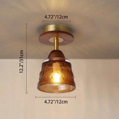 Pantalla de vidrio retro contemporánea de copa de vidrio, madera maciza, luz de techo semi empotrada de 1 luz para sala de estar 