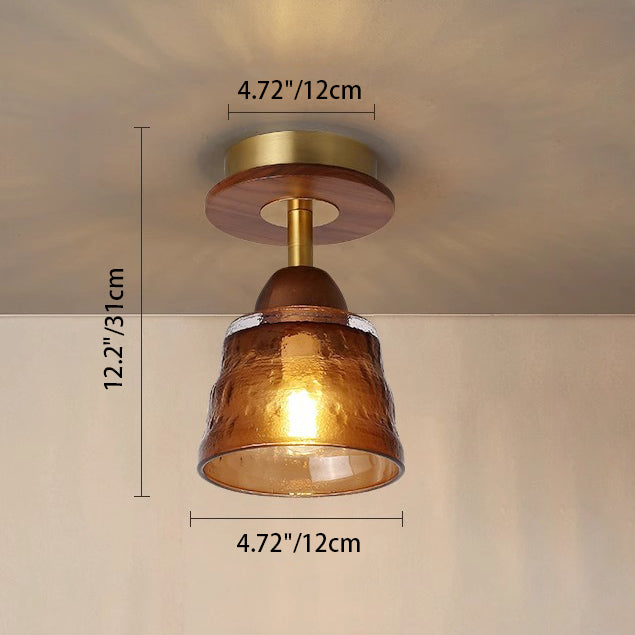 Pantalla de vidrio retro contemporánea de copa de vidrio, madera maciza, luz de techo semi empotrada de 1 luz para sala de estar 