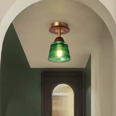 Pantalla de vidrio retro contemporánea de copa de vidrio, madera maciza, luz de techo semi empotrada de 1 luz para sala de estar 