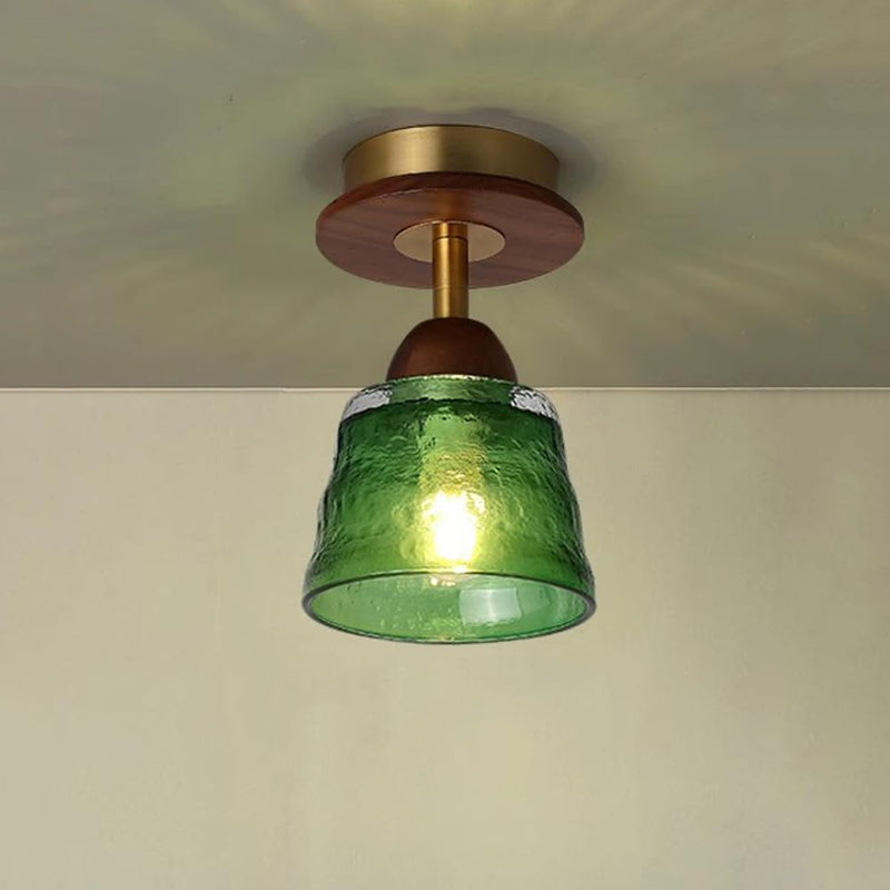 Pantalla de vidrio retro contemporánea de copa de vidrio, madera maciza, luz de techo semi empotrada de 1 luz para sala de estar 