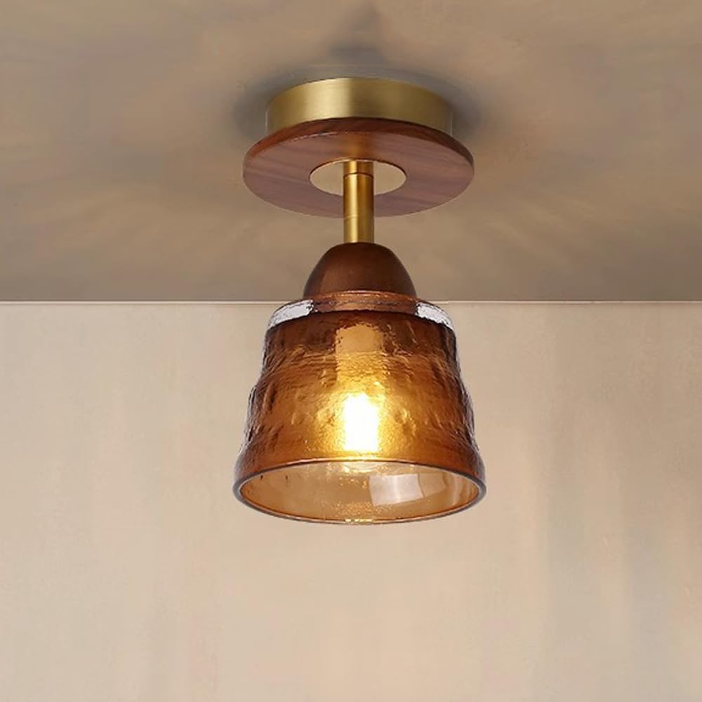 Abat-jour en verre rétro contemporain en bois massif 1 lumière semi-encastrée pour le plafond du salon 