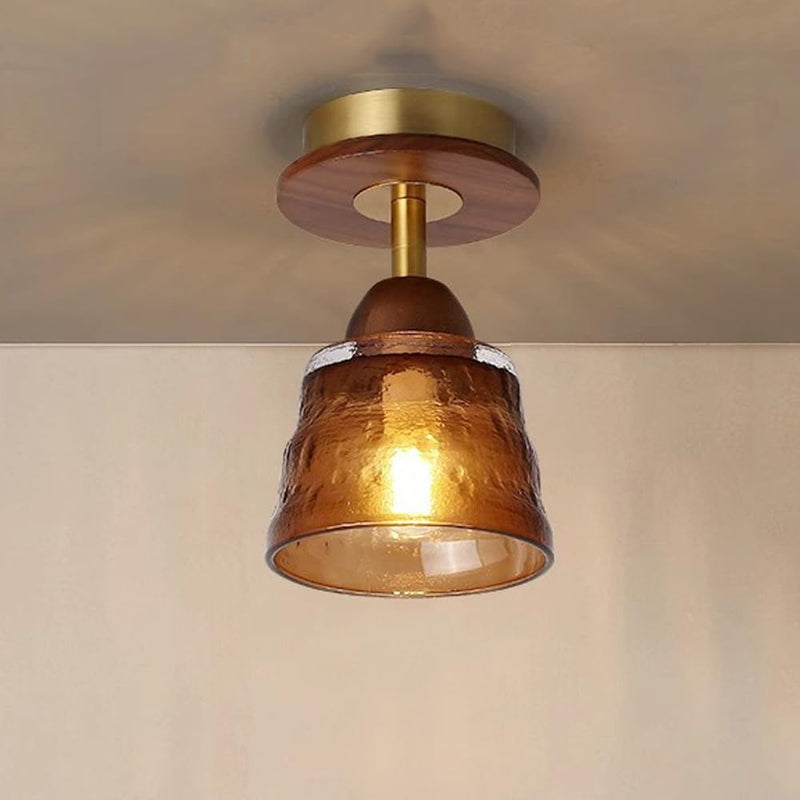 Pantalla de vidrio retro contemporánea de copa de vidrio, madera maciza, luz de techo semi empotrada de 1 luz para sala de estar 
