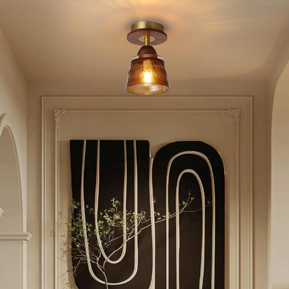 Abat-jour en verre rétro contemporain en bois massif 1 lumière semi-encastrée pour le plafond du salon 