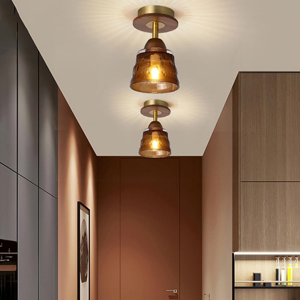 Abat-jour en verre rétro contemporain en bois massif 1 lumière semi-encastrée pour le plafond du salon 