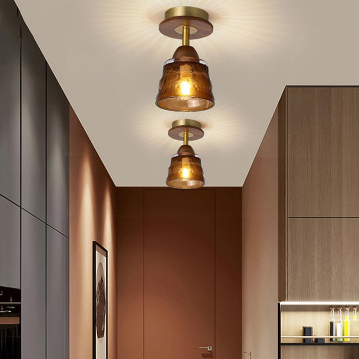 Abat-jour en verre rétro contemporain en bois massif 1 lumière semi-encastrée pour le plafond du salon 