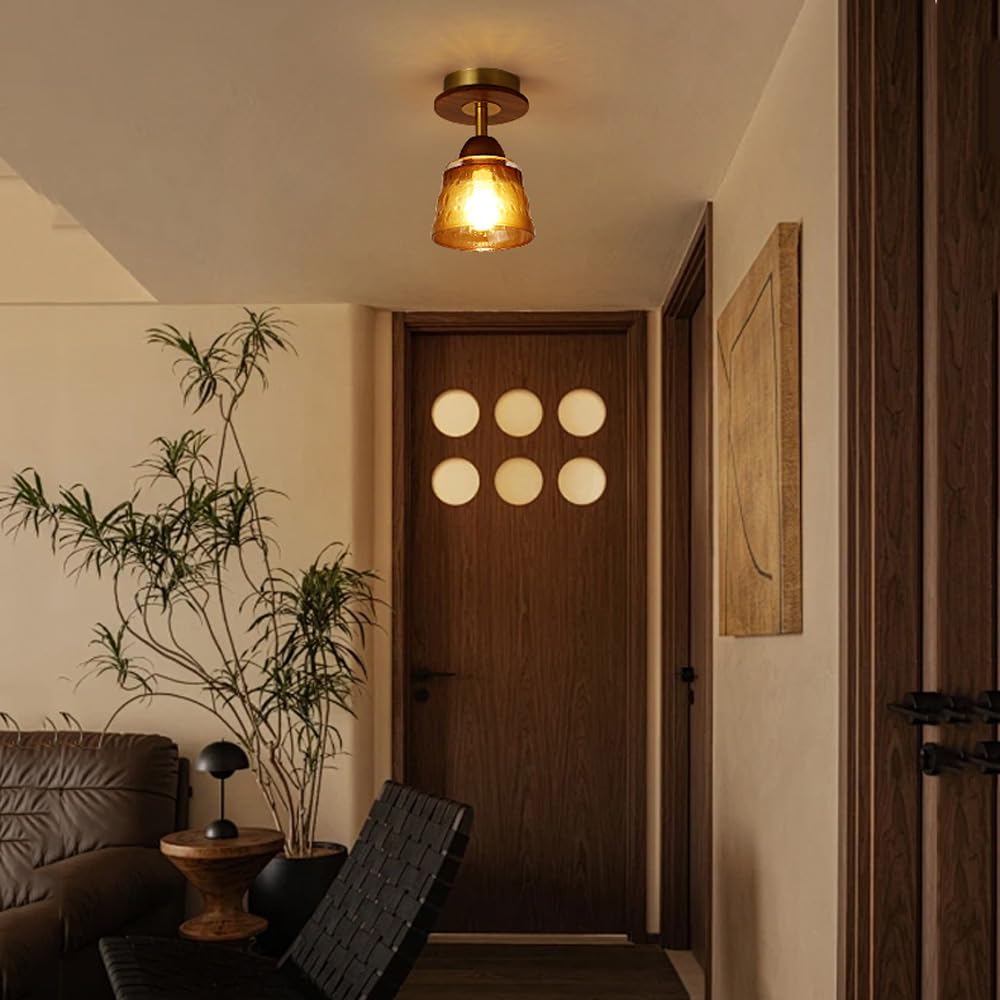 Abat-jour en verre rétro contemporain en bois massif 1 lumière semi-encastrée pour le plafond du salon 