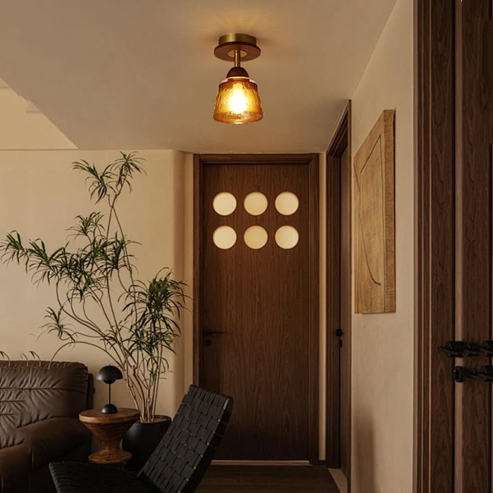 Abat-jour en verre rétro contemporain en bois massif 1 lumière semi-encastrée pour le plafond du salon 