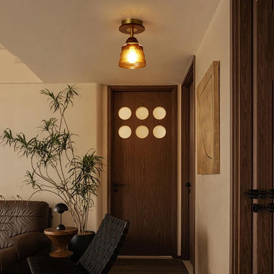 Pantalla de vidrio retro contemporánea de copa de vidrio, madera maciza, luz de techo semi empotrada de 1 luz para sala de estar 