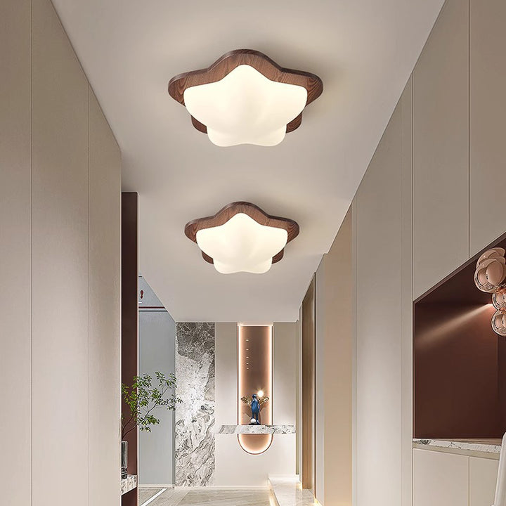 Luz de techo LED empotrada con pantalla de burbuja estrella de PE de madera de caucho nórdica contemporánea para dormitorio 