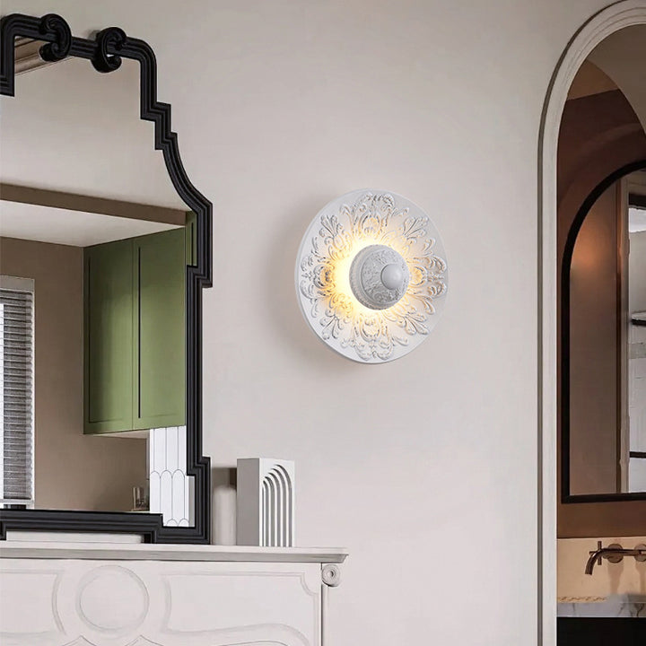 Traditional Vintage Stainless Steel Resin Carved Disc LED Wall Sconce Lamp For Living Room