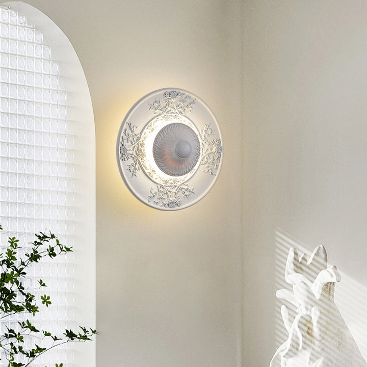 Traditional Vintage Stainless Steel Resin Carved Disc LED Wall Sconce Lamp For Living Room