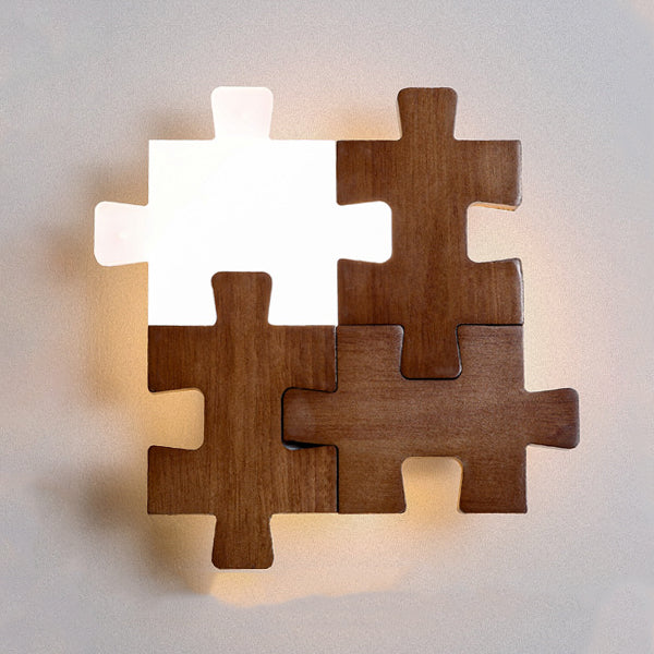 Traditionelle japanische Wandleuchte aus massivem Holz mit Acrylblock-Puzzle und LED für das Wohnzimmer 