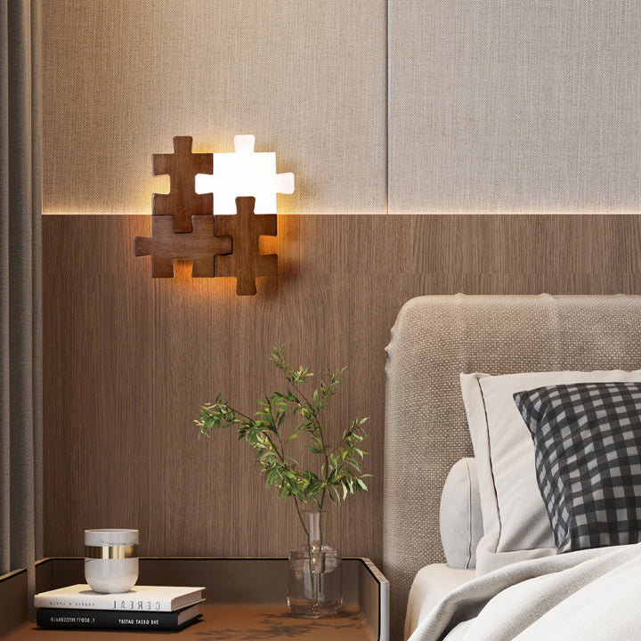 Traditionelle japanische Wandleuchte aus massivem Holz mit Acrylblock-Puzzle und LED für das Wohnzimmer 