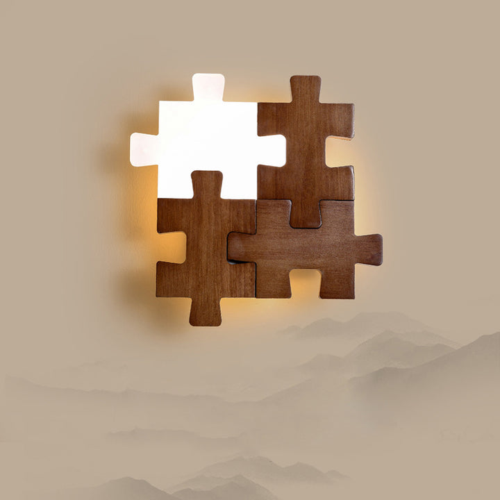 Traditionelle japanische Wandleuchte aus massivem Holz mit Acrylblock-Puzzle und LED für das Wohnzimmer 