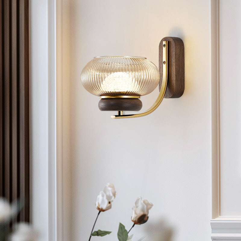 Applique murale LED en bois massif japonais traditionnel avec abat-jour rond en verre pour salon 