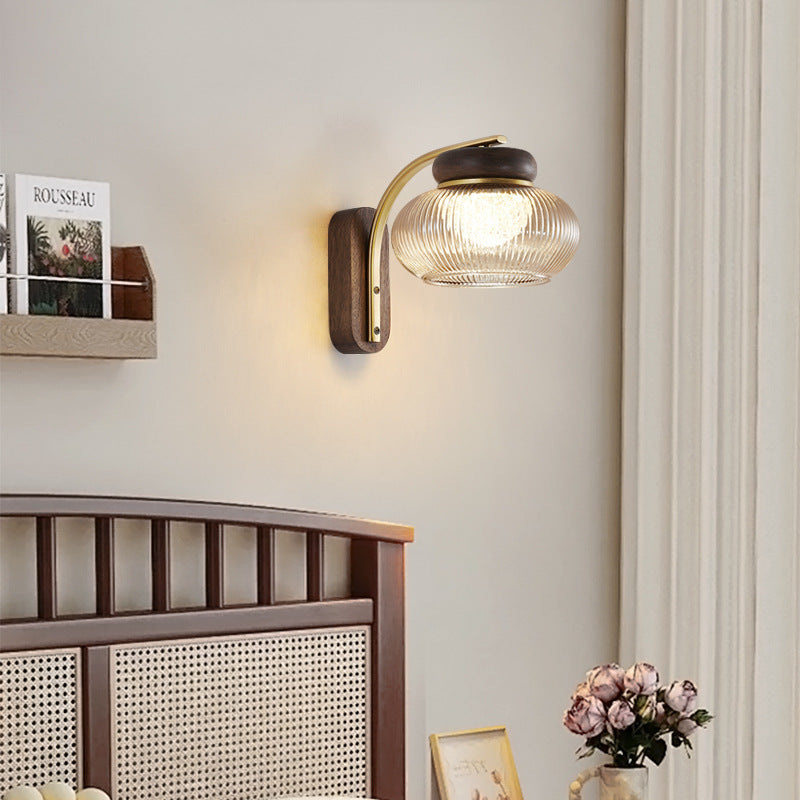Applique murale LED en bois massif japonais traditionnel avec abat-jour rond en verre pour salon 