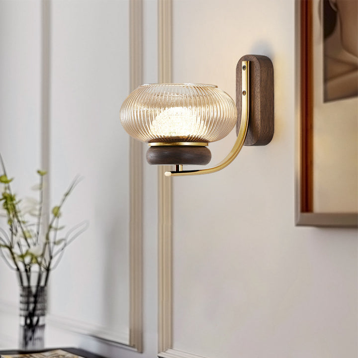 Applique murale LED en bois massif japonais traditionnel avec abat-jour rond en verre pour salon 