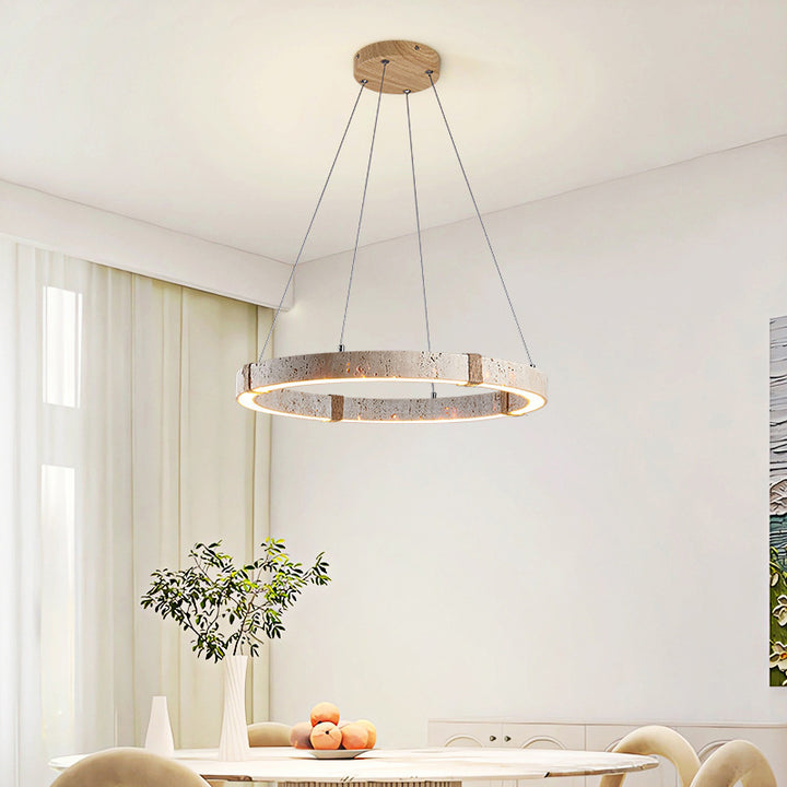 Traditioneller Vintage-Kreisring Travertin Hanfseil LED Pendelleuchte für Wohnzimmer 