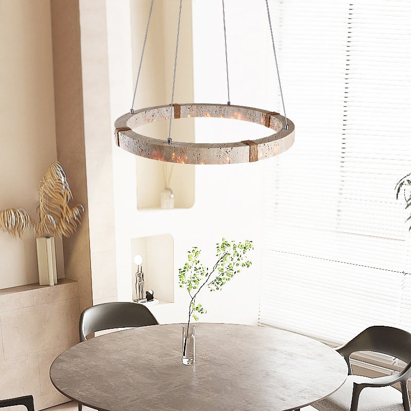 Traditioneller Vintage-Kreisring Travertin Hanfseil LED Pendelleuchte für Wohnzimmer 