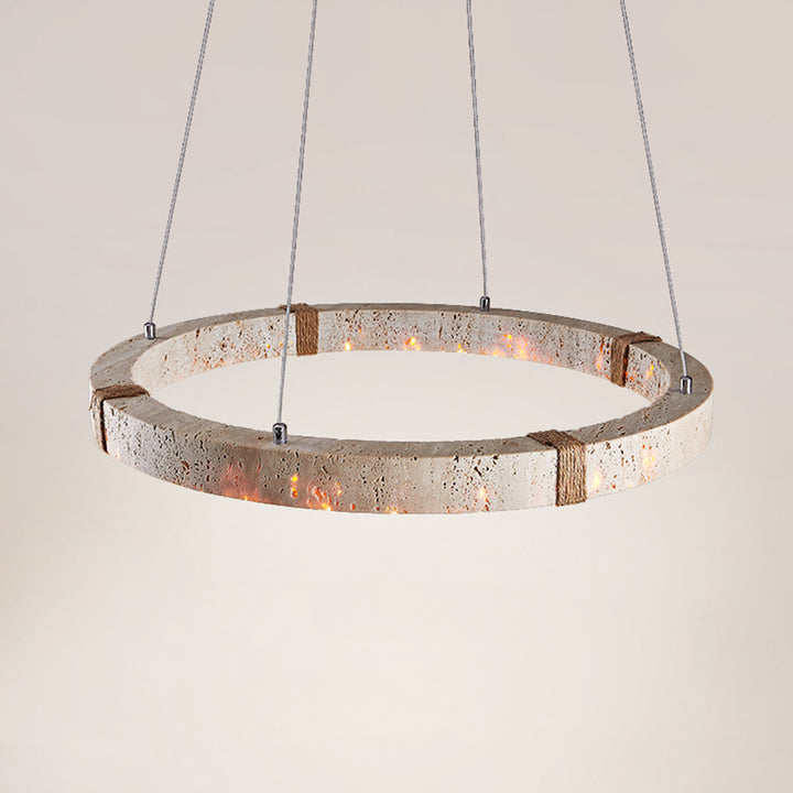 Traditioneller Vintage-Kreisring Travertin Hanfseil LED Pendelleuchte für Wohnzimmer 