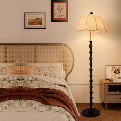 Contemporary Retro Fabric Round Shade Iron Wood 1-Light Standing Floor Lamp For Living Room