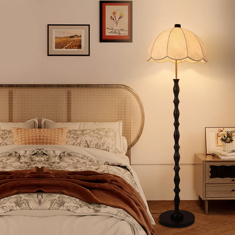 Contemporary Retro Fabric Round Shade Iron Wood 1-Light Standing Floor Lamp For Living Room