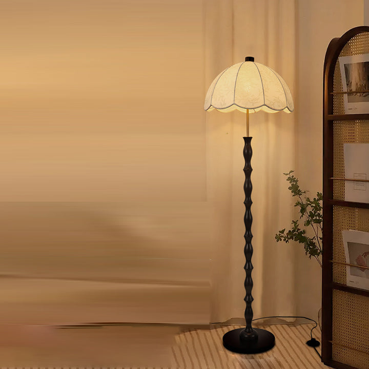 Lampe de sol contemporaine en bois et fer avec abat-jour rond en tissu rétro à 1 lumière pour salon 