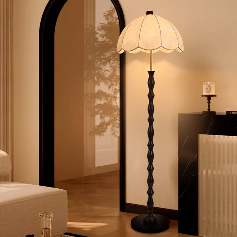Lampe de sol contemporaine en bois et fer avec abat-jour rond en tissu rétro à 1 lumière pour salon 