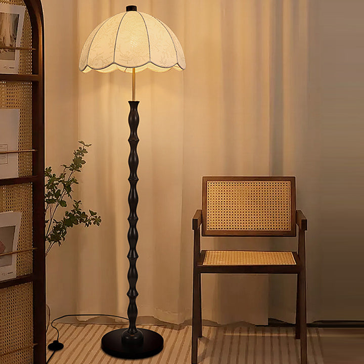 Lampe de sol contemporaine en bois et fer avec abat-jour rond en tissu rétro à 1 lumière pour salon 