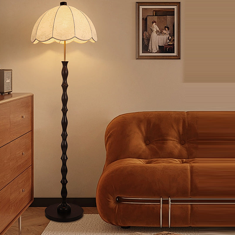 Lampe de sol contemporaine en bois et fer avec abat-jour rond en tissu rétro à 1 lumière pour salon 