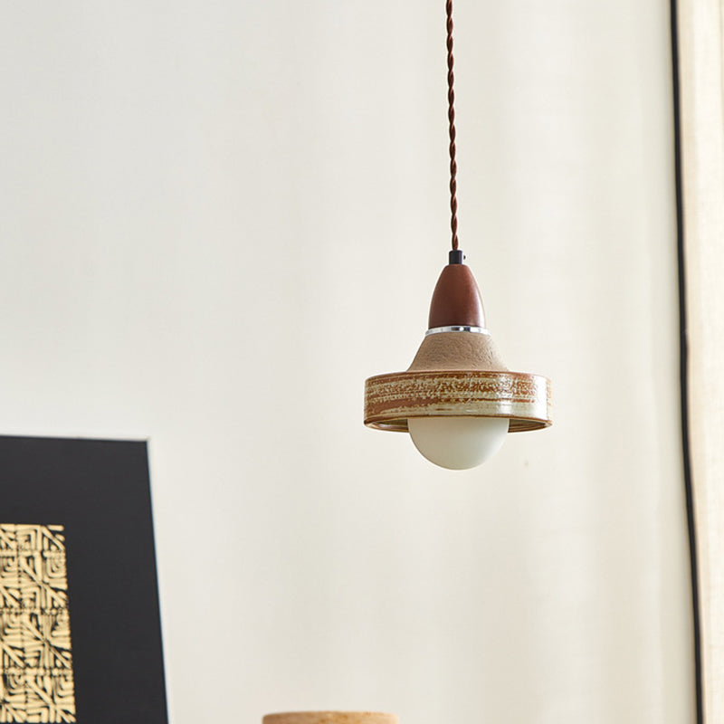 Suspension ronde en céramique bois japonais traditionnel à 1 lumière pour salon 