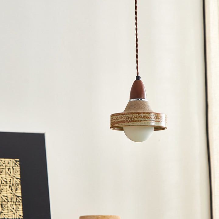Suspension ronde en céramique bois japonais traditionnel à 1 lumière pour salon 