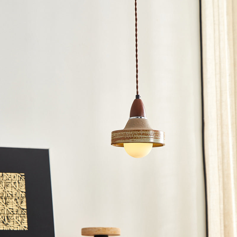 Suspension ronde en céramique bois japonais traditionnel à 1 lumière pour salon 