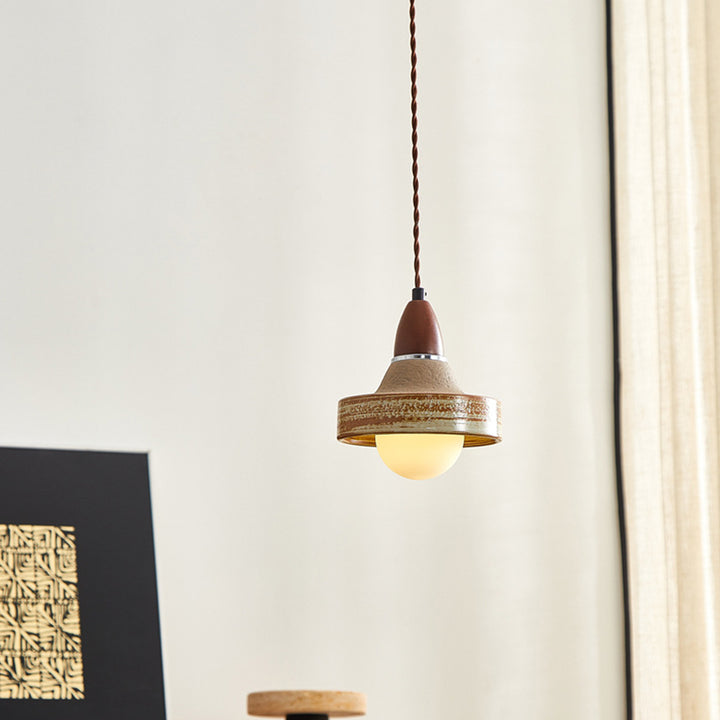 Suspension ronde en céramique bois japonais traditionnel à 1 lumière pour salon 