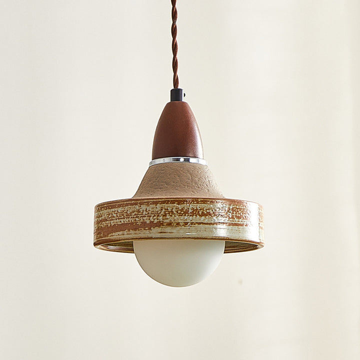 Suspension ronde en céramique bois japonais traditionnel à 1 lumière pour salon 