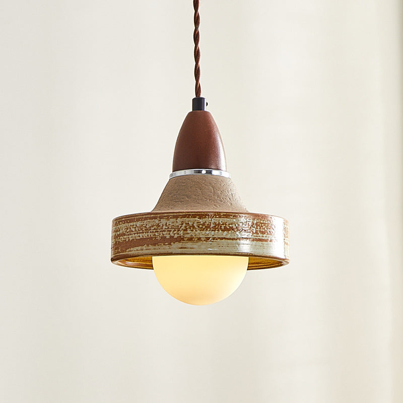 Suspension ronde en céramique bois japonais traditionnel à 1 lumière pour salon 