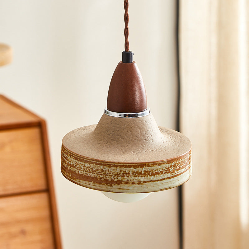 Suspension ronde en céramique bois japonais traditionnel à 1 lumière pour salon 